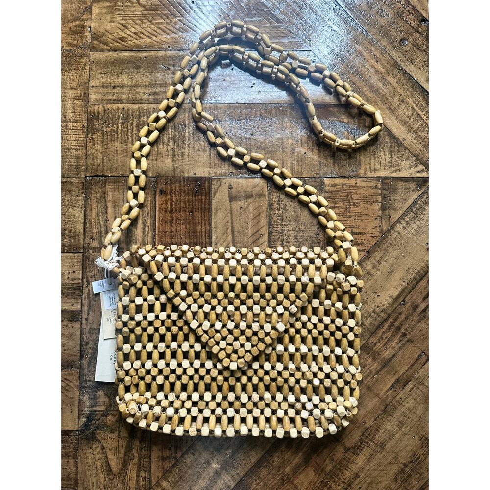 Wooden Beaded Clutch Crossbody Purse Gold Universal Thread Handbag - Picture 3 of 8